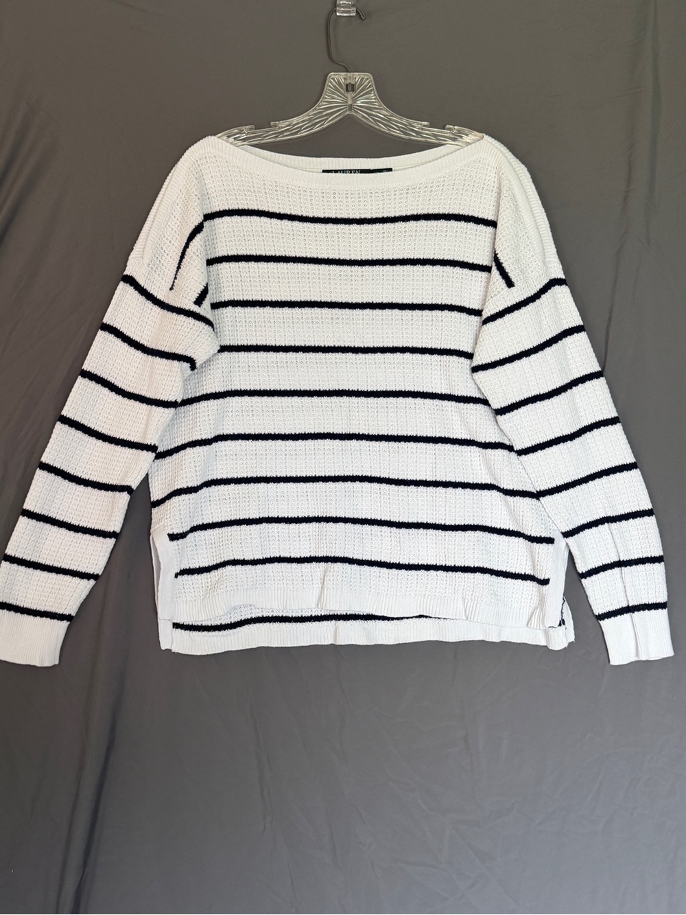 Ralph Lauren White Crewneck Sweater with Navy Stripes